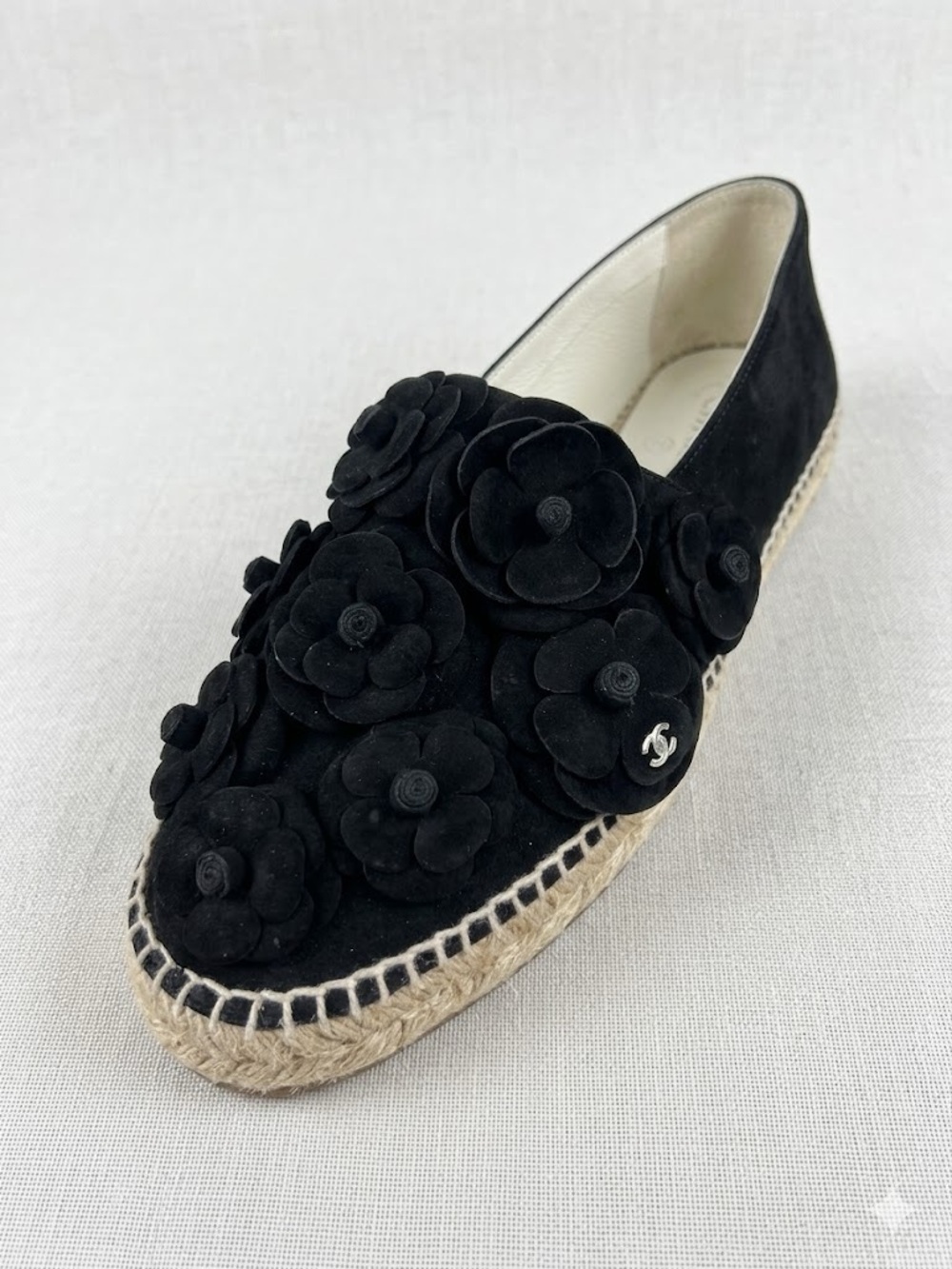 Authentic CHANEL Black Suede Camellia Floral Espadrille Sz 41 - Picture 2 of 4